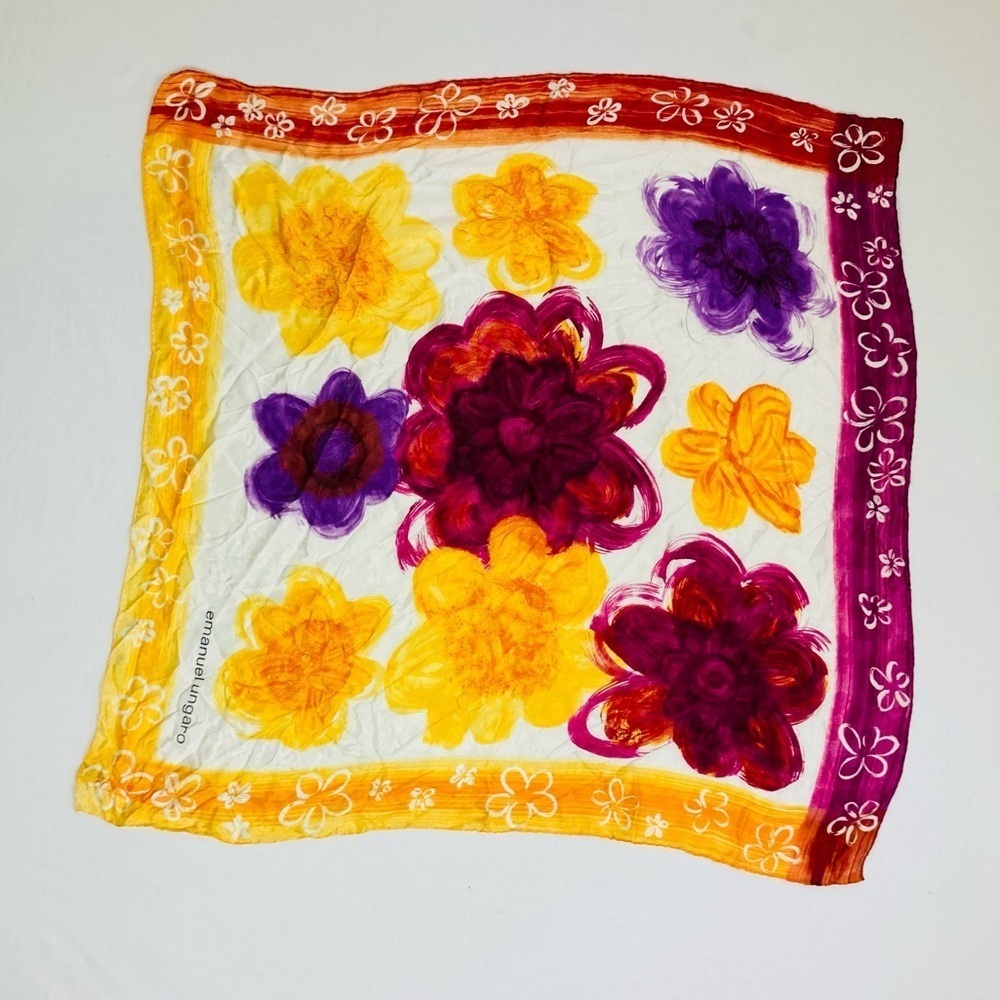 Emanuel Ungaro Silk Bright Yellow, White & Purple Hued Bold Floral Print Scarf